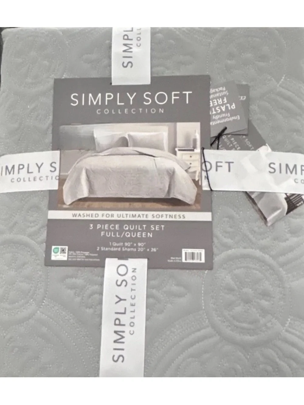 Simply Soft Gray Full/Queen 3 Piece Quilt Set 90”x90”